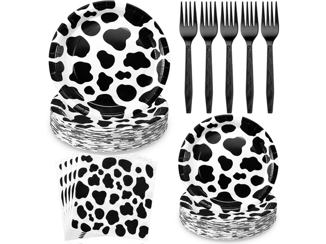 Layhit 160 Pcs Cow Print Birthday Party Supplies Includes Cow Paper Plates Party Tableware Napkins Disposable Plastic Forks Serves 40 Guests for...