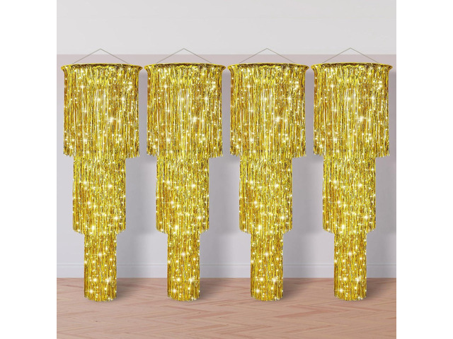 4 Pcs 3 Tier Metallic Tinsel Chandelier Shimmering Fringe Chandelier Decor Hanging Decoration Photo Booth Backdrop for Birthday Anniversary Wedding...