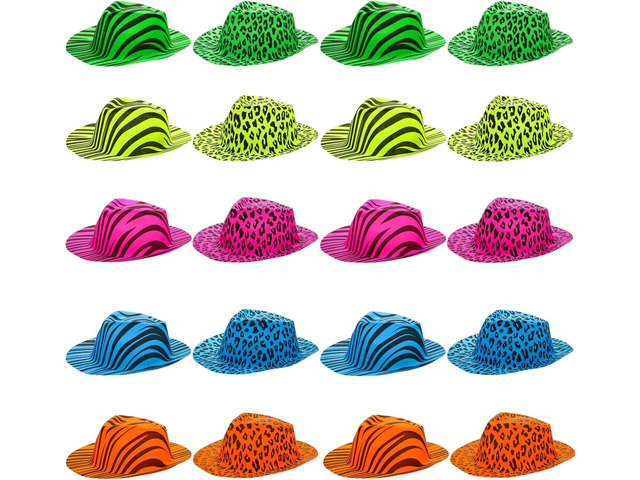 Covzoe 20 Pack Neon Party Hats, Colorful Animal Print Plastic Cowboy Party Hats, Mafia Style Gangster Fedora Dress Hat, Blacklight Glow Party Stars...