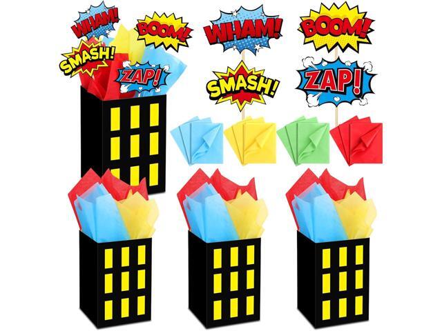 4 Sets Hero Theme Party Decoration Hero Boxes Centerpiece (7.9 x 5.1 x 5.1 Inch) Sticks with Tissue Paper Standing Cards Birthday Baby Shower Party...