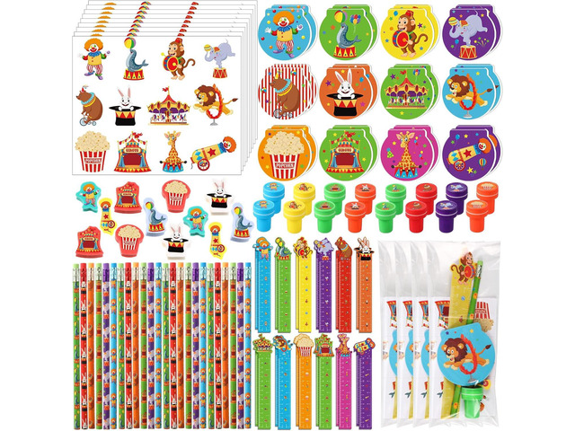 Cholemy 168 Pcs Circus Party Favors Carnival Party Supplies Circus Animal Stationery Set Notebook Sticker Stamper Eraser Ruler Pencil Bag for...