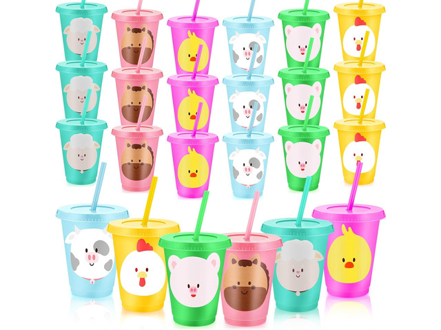 Jingmore 24 Pcs Farm Animal Birthday Decorations Cups with Straws and Lids, 16oz Reusable Plastic Drink Cups for Party Favors Supplies Gifts