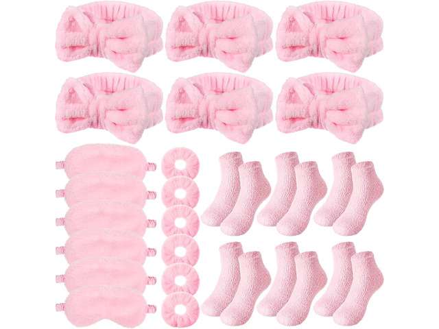 Shyyween 30 Pieces Galentine Spa Sleepover Party Supplies 6 Pink Bow Headband 6 Plush Sleep Eye Mask 6 Velvet Scrunchies 6 Pair Fuzzy Sock for Spa...