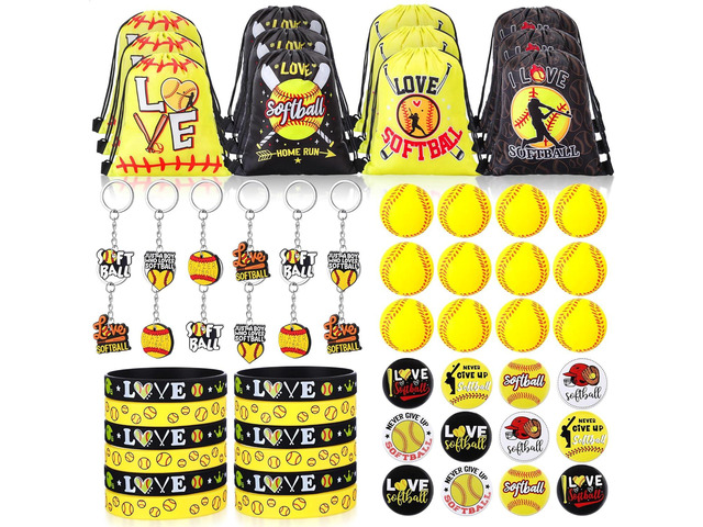 Honoson 60 Pcs Softball Party Favors for Boy Includes Mini Stress Ball Keychain Gift Bags Badges Silicone Bracelet for Kids Softball Birthday Party...