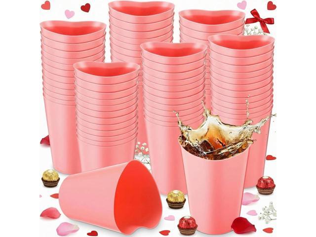 Qinyoung 100 Pcs Pink Plastic Party Cups Bulk 12 oz Cute Bachelorette Cups Reusable Plastic Heart Shaped Wine Cup for Wedding Birthday Drinking...