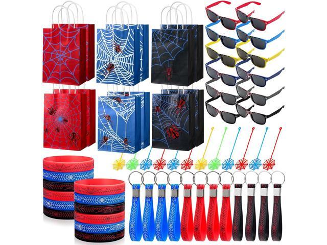 Simgoing 60 Pcs Spider Party Favors Include Spider Sunglasses, Web Gift Tote Bags, Blue Red Black Rubber Wristbands, Silicone Keychains and Sticky...