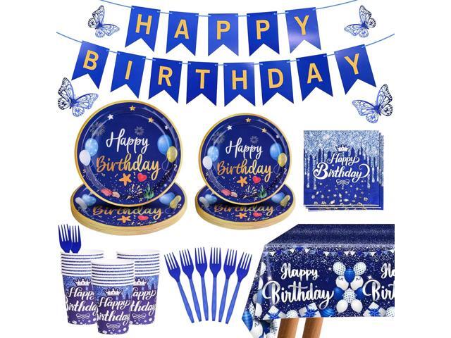 Blue Happy Birthday Party Supplies Tableware Set Birthday Decoration with Banner and Tablecloths Plates Cups Napkins Party Dinnerware for 24 Guests...