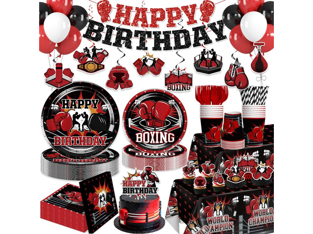 Boxing Party Decorations, All-in-one Boxing Party Supplies Includes Banner, Cake Toppers, Paper Plates, Napkins, Cups, and Tablecloth, Easy Setup...