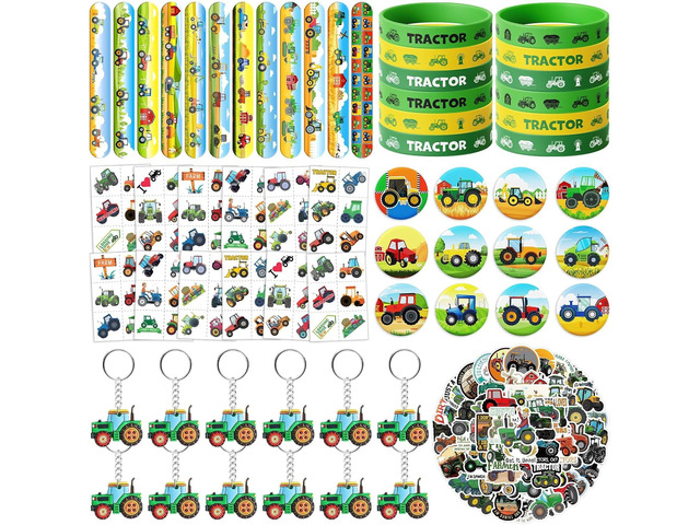 110Pcs Tractor Party Favors for Kids - Farm Birthday Party Decorations and Supplies with Slap Bracelets, Tattoos, Stickers, Keychains & Buttons,...