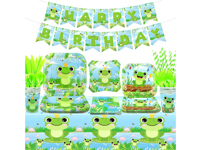 Frog Birthday Party Decorations - Frog Party Supplies including Banner, Plate, Cake Topper, Cup, Napkin, Balloon, Tablecloth for Frog Party...