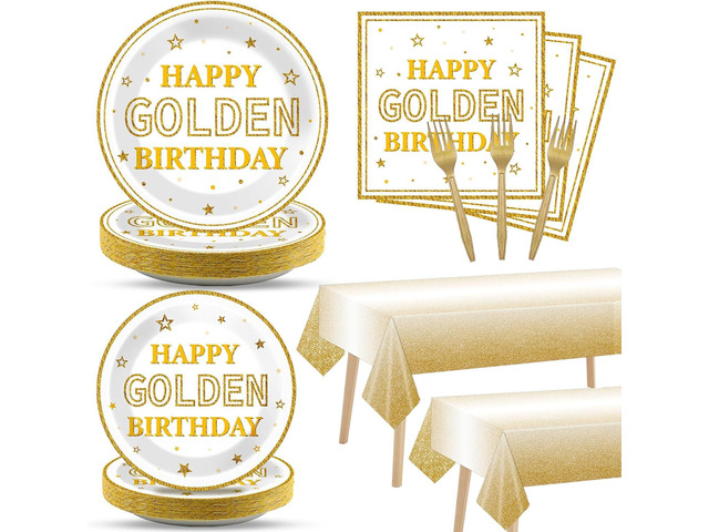 Justforjoyful 98PCS Happy Golden Birthday Party Supplies Happy Golden Birthday Paper Plates Napkins Tablecloths White Gold Dinnerware for Women Men...
