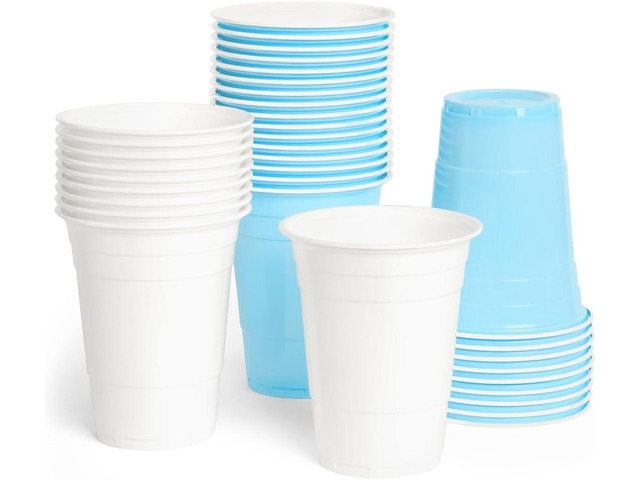 xo, Fetti Blue + White Plastic Cups - 50 Disposable 16 oz Cups Bachelorette Drinkware, Baby Shower Tablescape, Birthday Party Supplies, Something...