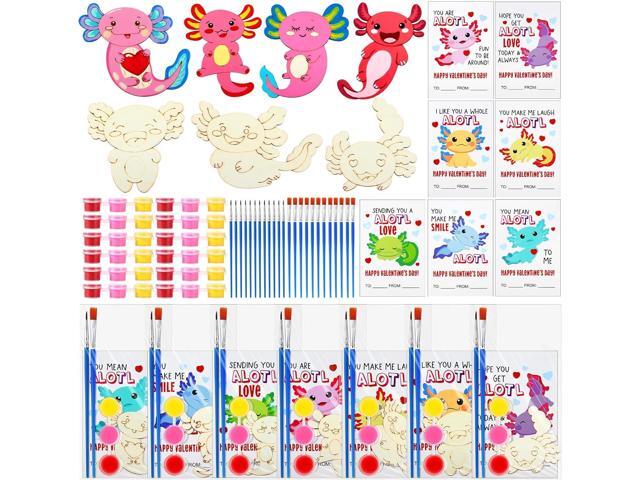 Leinuosen 28 Sets Valentine's Day Axolotl Party Favors Wood Painting Craft Kits with DIY Art Supplies and Cards for Birthday Party Goodie Bag...