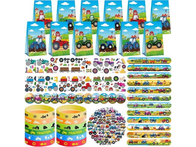 Tractor Party Favors - Farm Tractor Theme Birthday Party Supplies Decorations, Gift Bags, Slap Bracelets, Rubber Bracelets, Button Pin, DIY...