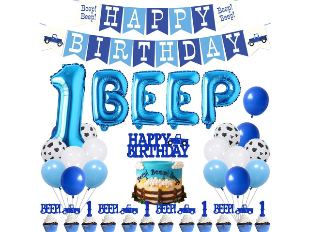 55Pcs Little Blue Truck Farm Theme 1st Birthday Party Decoration With Happy Birthday Banner, Blue Truck Beep One Cake Topper for Kids Boys Girls...