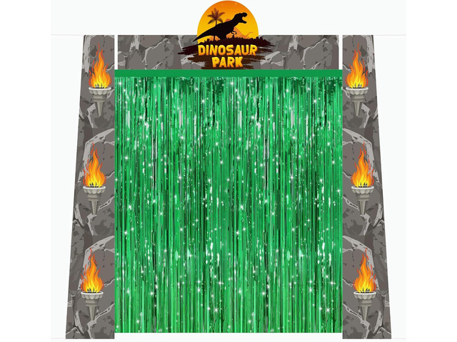 Dinosaur Birthday Party Decorations Supplies - Dino Park Door Porch Banner Backdrop and Green Foil Fringe Curtains for Jungle Safari Theme Boys...