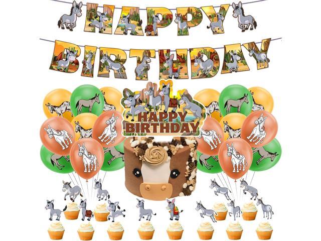 Donkey Party Decorations - Happy Birthday Banner, Cake & Cupcake Toppers, Balloons