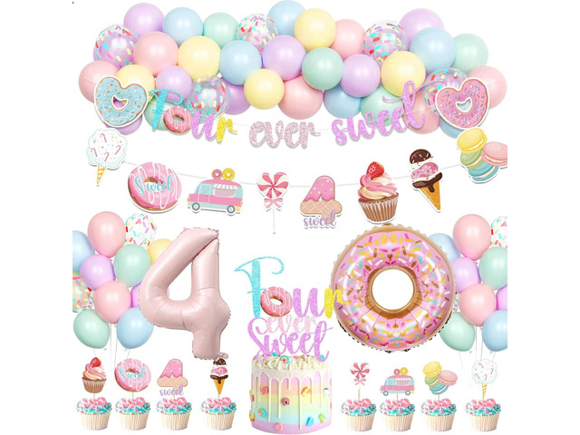 Hombae Four Ever Sweet Birthday Decorations Girl, 4th Birthday Decorations for Girl, Donut Themed Birthday Party Supplies with Banner Foil Balloon...