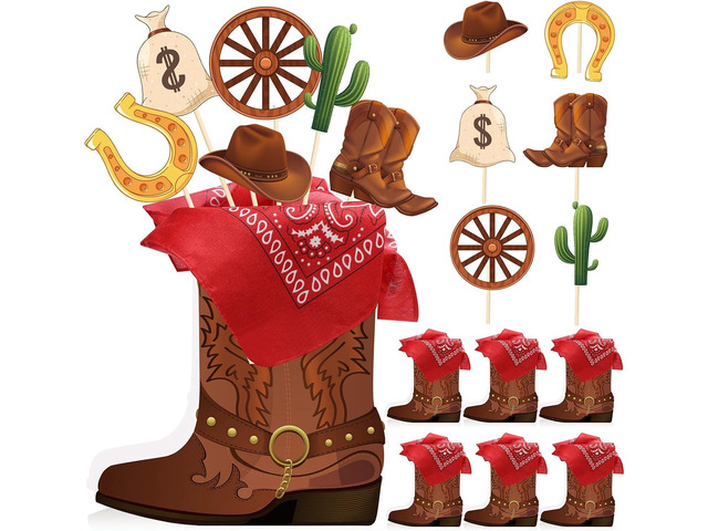 8 Sets 129 Pcs Cowboy Western Party Centerpieces - Brown Paper & Wooden Stick Cutouts with Cowboy Boots Shaped Boxes for Western Party Decor