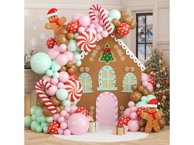 Christmas Gingerbread Balloon Arch Garland Kit with 136Pcs Pastel Pink Green Brown Red Balloons Candy Cane Foil Balloon for Birthday Baby Shower...