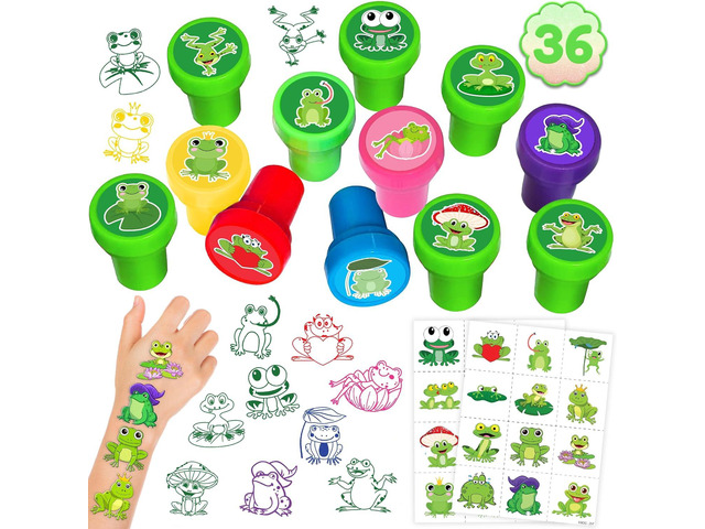 36PCS Frog Party Favors - 24PCS Pre-Cut Temporary Tattoos & 12PCS Stamps - Ideal Animal Frog Princess Themed Birthday Card Decorations Supplies...