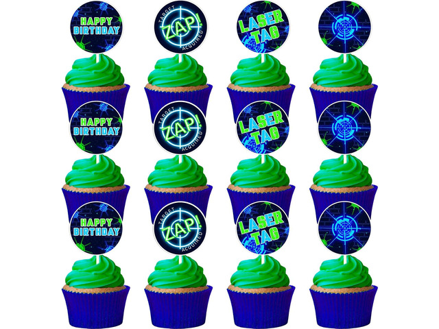 36 Pcs Laser Tag Cupcake Toppers Blue Green, Neon Laser Happy Birthday Cake Decorations, Shooting Game Theme Dessert Cupcake Picks Birthday Party...
