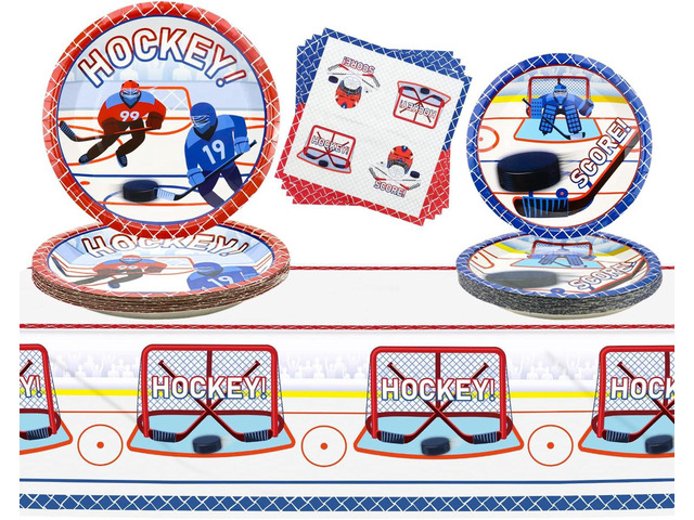 Hockey Theme Party Supplies - 61 Pcs Hockey Plates Napkins Tablecloth Set, for Kid's Hockey Fans Birthday Gameday - Serves 20
