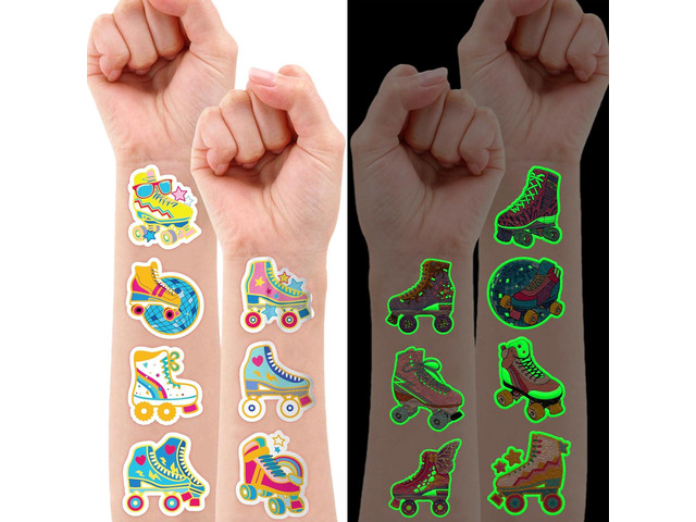 96 PCS Roller Skate Skating Pre-Cut Luminous Temporary Tattoos Themed Birthday Party Favors Decorations Supplies Decor Retro 80s 90s Disco Glow In...