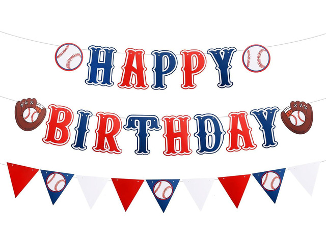 3 Pieces Blue Red Pre-strung Baseball Banner,No DIY Happy Birthday Backdrop Bunting Sign, Baseball Triangle Bunting Pennant Flag Sports Themed...
