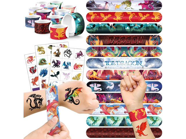 60 PCS Dragon Party Favors Set - 36 Temporary Tattoos Sticker & 24 Slap Bracelets for Kids, Perfect for Birthday Parties, Classroom Rewards and Gifts