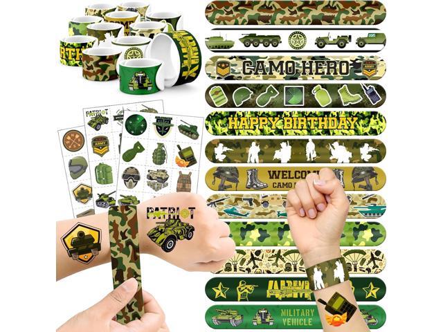 60 PCS Army Party Favors Set - 36 Temporary Tattoos & 24 Slap Bracelets for Kids, Perfect for Army-Themed Birthday Supplies, Classroom Rewards and...