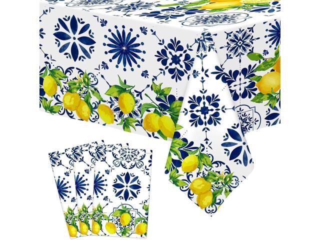 Nefelibata 3Pcs Capri Lemon Tablecloth Birthday Party Decorations Disposable Blue Tile Plastic Table Covers Lemon Decor for Baby Shower Summer...