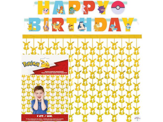 Pokemon Birthday Banner and Hanging Foil Backdrop - Pokemon Birthday Decorations - Themed Party Supplies - Officially Licensed