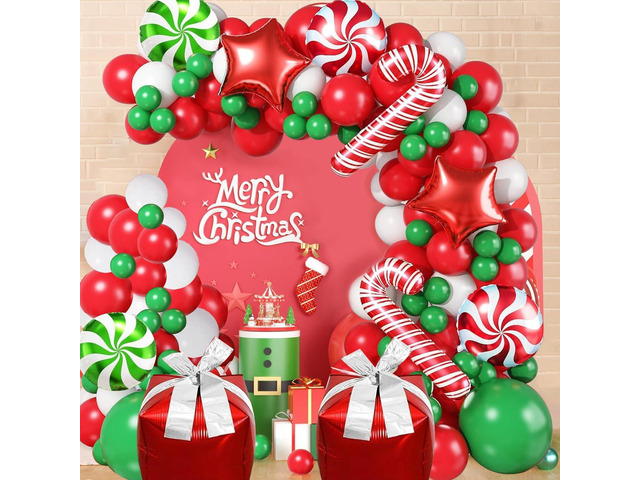 Christmas Balloon Arch Kit, Dark Green Red White Balloons & Red Gift Box & Round Candy Cane Balloon & Star Foil Balloons for Xmas Supplies New Year...