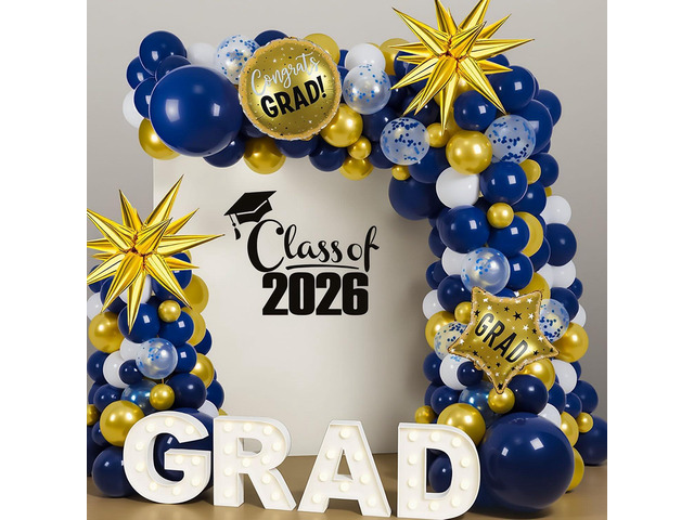2026 Graduation Balloon Arch Garland Kit, 18' 10' 5' Navy Blue Gold White Balloons for Congrats Grad Decorations College High School Class of 2026...
