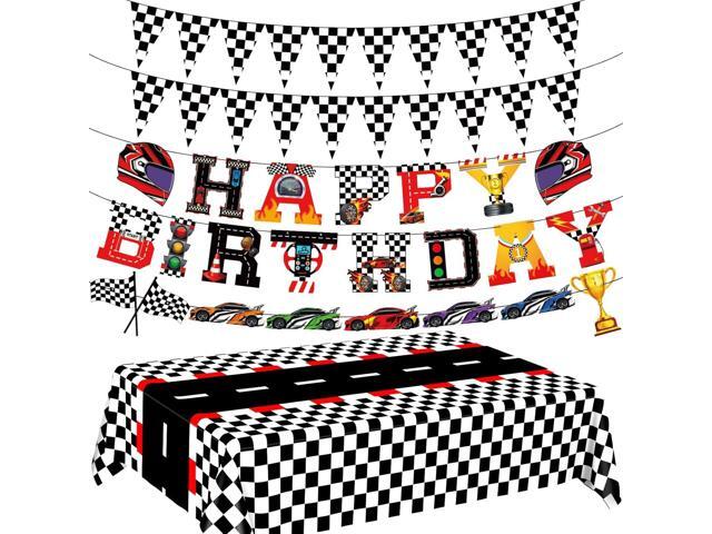 WNINK Racing Car Theme Tablecloths Happy Birthday Banner Racetrack Rectangular Tablecloth Race Car Party Decor Kit, for Race Car Birthday Party...