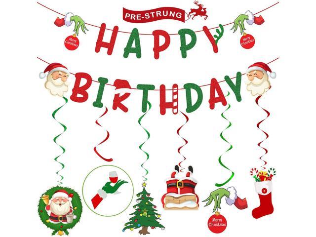 Christmas Birthday Party Decorations Glittery Happy Birthday Banner with Hanging Swirls for Christmas Birthday Decorations