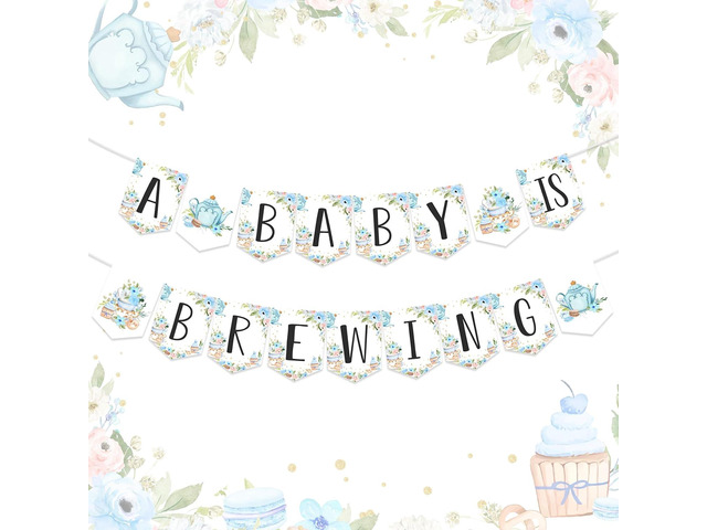 Tea Party Baby Shower Banner, A Baby Is Brewing Banner Tea Theme Blue Floral Hanging Garland, Gender Reveal Pregnancy Celebration Party Supplies