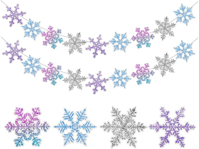 TaoBary 2 Pack Snowflake Garland Banner Winter Party Decorations Blue Purple White Silver Glitter Snowflake Hanging Banner for Winter Wonderland...