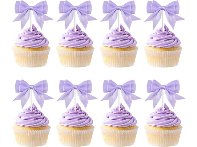Bow Birthday Party Decorations Ribbon Bow Cupcake Toppers 25Pcs Purple Bowknot Cake Decoration Purple Bowknot Birthday Decor BowTie Party Decor for...