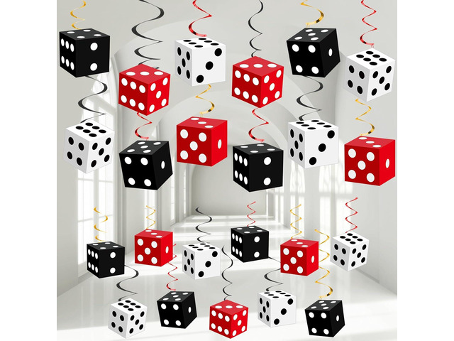 Naozinebi 72PCS Casino Dice Hanging Swirls Decoration Casino Night Party Ceiling Streamer Banner Red Black White Dice Paper Cutout Las Vegas Party...