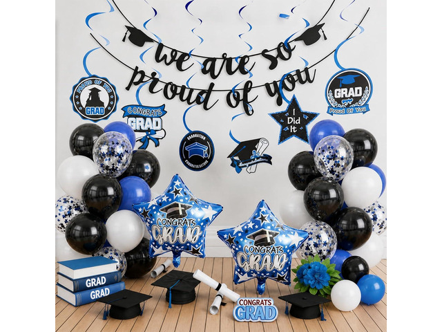 Graduation Balloons Set Class of 2026, Black and Blue Graduation Decorations We Are So Proud of You Banner Star Foil Latex Balloon and Hanging...