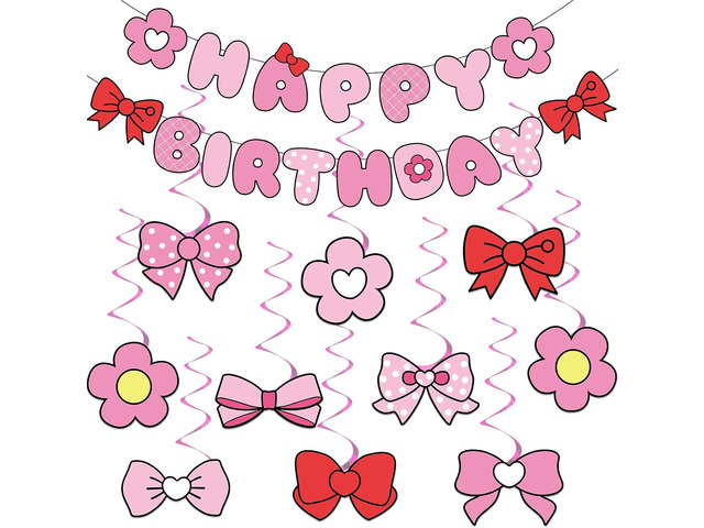 Pink Bow Birthday Party Decorations Bow Happy Birthday Banners Pink Hanging Swirl Cartoon Cat Theme Party Supplies Cute Bowknot Cutout Streamers...