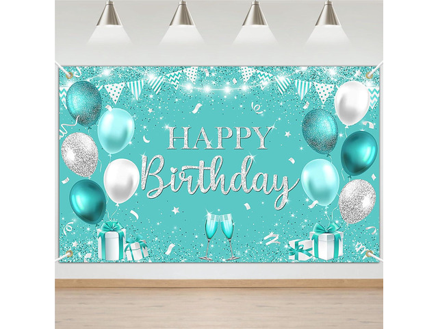 Avezano Happy Teal Birthday Banner Turquoise and Silver Birthday Backdrop Banners Teal Birthday Decorations for Women Happy Birthday Party Supplies...