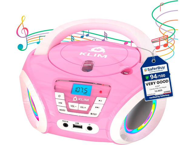 Klim Candy Kids CD Player for Children - FM Radio - Includes Batteries - Pink - Boombox Portable - CD Player Children - with Speakers, Toddlers (Pink)
