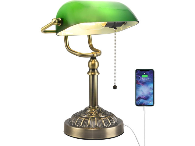 Bankers Desk Lamp with USB-A Charging Port, Vintage Desk Lamps with Pull Chain Green Glass, Antique Brass Banker's Lamp for Home Office Library