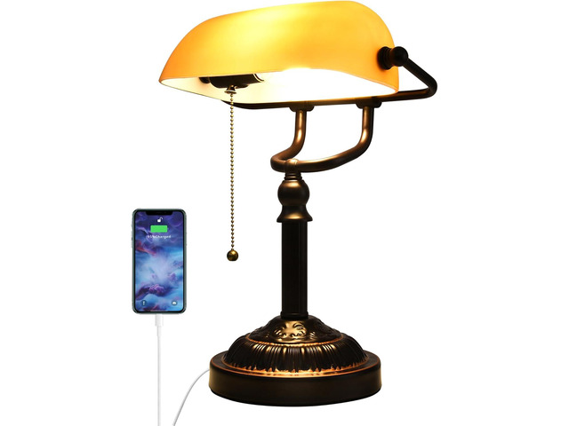 Bankers Desk Lamp with USB-A Port, Rustic Desk Lamp Pull Chain with Yellow Glass Shade, Vintage Banker's Desk Lamp Oil Rubbed Bronze for Home...