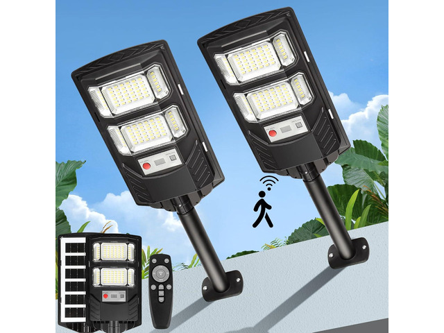 Solar Street Lights Outdoor Waterproof: 2 Pack LED Solar Dusk to Dawn Flood Light Outside 10000 Lumen Solar Powered Security Exterior Wall Mount...