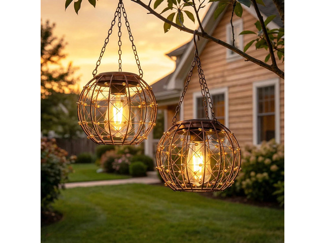 Hanging Solar Lanterns, Solar Lights Outdoor Waterpoof, Solar Chandelier with Warm White Led Bulb, Beaded Copper Wire Ball Shade Patio Garden Decor...