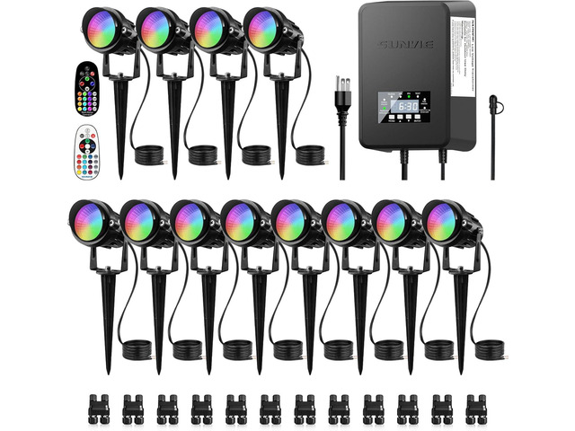 SUNVIE 12 Pack RGBW Color Changing Landscape Lights with 300W Low Voltage Landscape Transformer 12-24V LED Landscape Lighting Kit Waterproof...